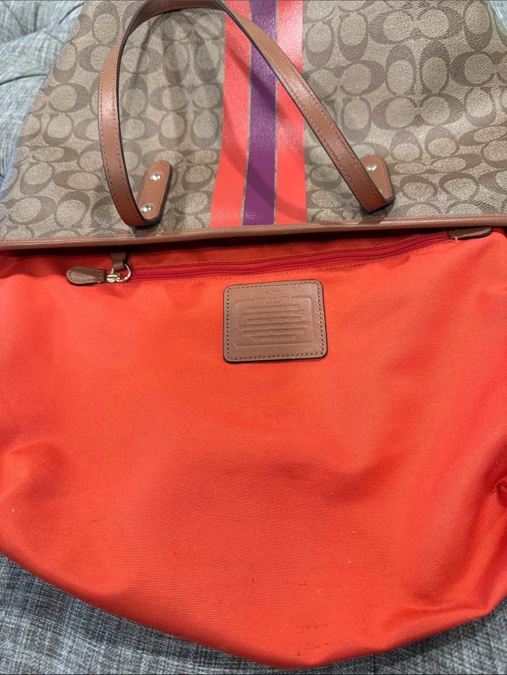 Coach Bag Signature Varsity City Zip Brown Tote with Logo Signature Stripe